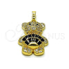 Oro Laminado Fancy Pendant, Gold Filled Style Teddy Bear and Baguette Design, with Black Cubic Zirconia and White Micro Pave, Polished, Golden Finish, 05.284.0020.4