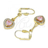 Oro Laminado Long Earring, Gold Filled Style Heart Design, with Pink and White Cubic Zirconia, Polished, Golden Finish, 02.387.0043