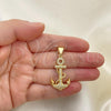 Oro Laminado Fancy Pendant, Gold Filled Style Anchor Design, with White Micro Pave, Polished, Golden Finish, 05.342.0109