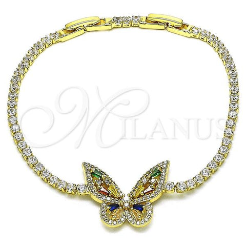 Oro Laminado Tennis Bracelet, Gold Filled Style Butterfly and Baguette Design, with Multicolor Cubic Zirconia and White Micro Pave, Polished, Golden Finish, 03.284.0042.1.08
