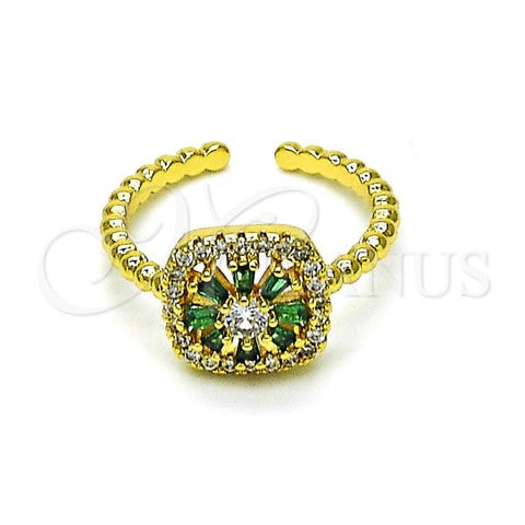 Oro Laminado Multi Stone Ring, Gold Filled Style Flower and Baguette Design, with White Micro Pave and Green Cubic Zirconia, Polished, Golden Finish, 01.196.0020