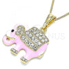 Oro Laminado Pendant Necklace, Gold Filled Style Elephant Design, with White and Black Crystal, Pink Enamel Finish, Golden Finish, 04.380.0026.20