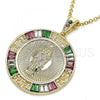Oro Laminado Religious Pendant, Gold Filled Style Centenario Coin and Guadalupe Design, with Multicolor Cubic Zirconia, Polished, Golden Finish, 05.351.0094.1