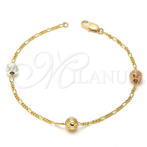 Gold Plated Fancy Bracelet, Ball Design, Diamond Cutting Finish, Tricolor, 03.08.0129.08