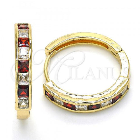 Oro Laminado Huggie Hoop, Gold Filled Style with Garnet and White Cubic Zirconia, Polished, Golden Finish, 02.210.0106.2.25
