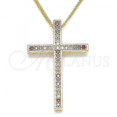 Oro Laminado Pendant Necklace, Gold Filled Style Cross Design, with Multicolor Cubic Zirconia, Polished, Golden Finish, 04.284.0026.3.20