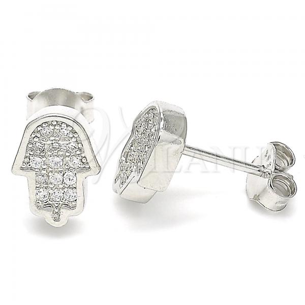 Sterling Silver Stud Earring, Hand of God Design, with White Micro Pave, Polished, Rhodium Finish, 02.336.0132