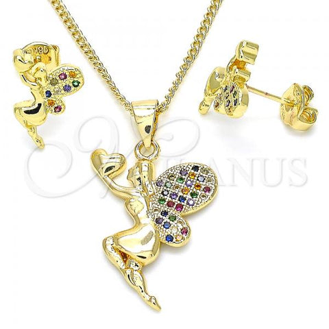 Oro Laminado Earring and Pendant Adult Set, Gold Filled Style Angel and Heart Design, with Multicolor Micro Pave, Polished, Golden Finish, 10.156.0264.3