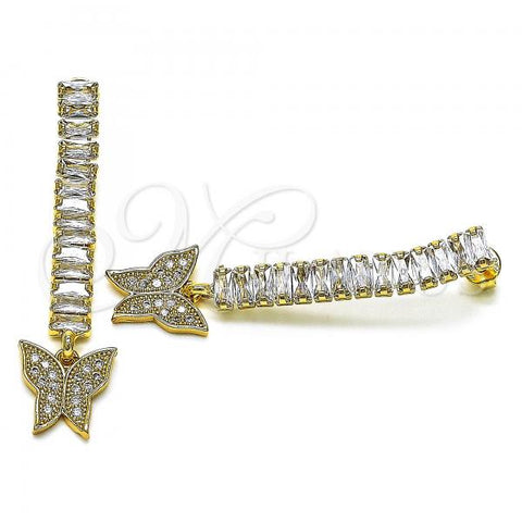 Oro Laminado Long Earring, Gold Filled Style Butterfly Design, with White Cubic Zirconia and White Micro Pave, Polished, Golden Finish, 02.283.0039