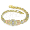 Oro Laminado Fancy Bracelet, Gold Filled Style Guadalupe and Flower Design, Diamond Cutting Finish, Tricolor, 03.380.0097.07