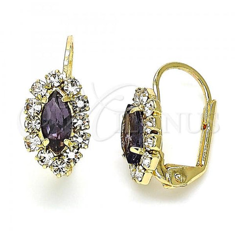 Oro Laminado Leverback Earring, Gold Filled Style Leaf Design, with Amethyst and White Cubic Zirconia, Polished, Golden Finish, 02.122.0082.6