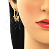 Oro Laminado Dangle Earring, Gold Filled Style Butterfly Design, with White Micro Pave, Polished, Golden Finish, 02.341.0041