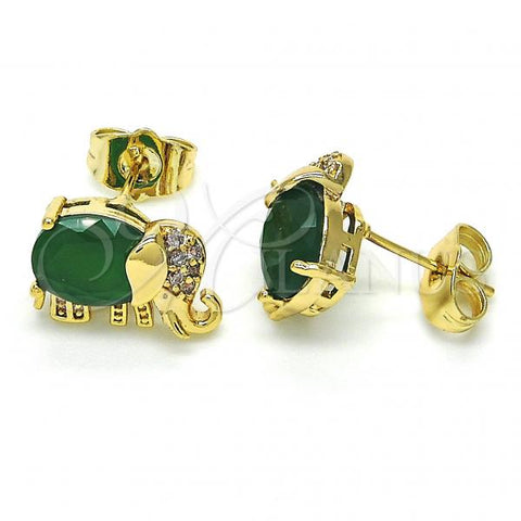 Oro Laminado Stud Earring, Gold Filled Style Elephant Design, with Green Cubic Zirconia and White Micro Pave, Polished, Golden Finish, 02.210.0159.1