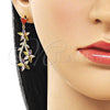 Oro Laminado Long Earring, Gold Filled Style Flower and Heart Design, with Multicolor Cubic Zirconia and White Micro Pave, Polished, Golden Finish, 02.282.0071