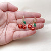 Oro Laminado Dangle Earring, Gold Filled Style Cherry Design, with White Micro Pave, Red Enamel Finish, Golden Finish, 02.417.0002
