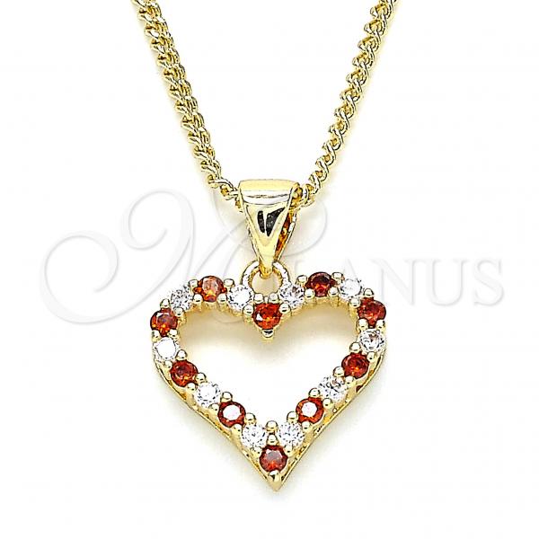 Oro Laminado Pendant Necklace, Gold Filled Style Heart Design, with Garnet and White Micro Pave, Polished, Golden Finish, 04.156.0049.1.20
