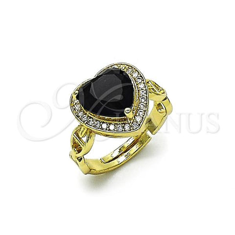 Oro Laminado Multi Stone Ring, Gold Filled Style Heart and Puff Mariner Design, with Black Cubic Zirconia and White Micro Pave, Polished, Golden Finish, 01.284.0107.3