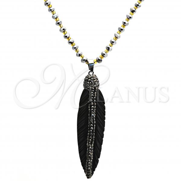 Stainless Steel Pendant Necklace, Leaf Design, with Black Crystal, Polished, Steel Finish, 04.232.0001.1.31