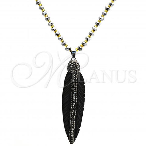 Stainless Steel Pendant Necklace, Leaf Design, with Black Crystal, Polished, Steel Finish, 04.232.0001.1.31