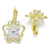 Oro Laminado Leverback Earring, Gold Filled Style Butterfly and Flower Design, with White Cubic Zirconia, Polished, Golden Finish, 02.210.0221