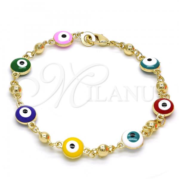 Oro Laminado Fancy Bracelet, Gold Filled Style Evil Eye Design, Multicolor Enamel Finish, Golden Finish, 03.213.0018.3.08