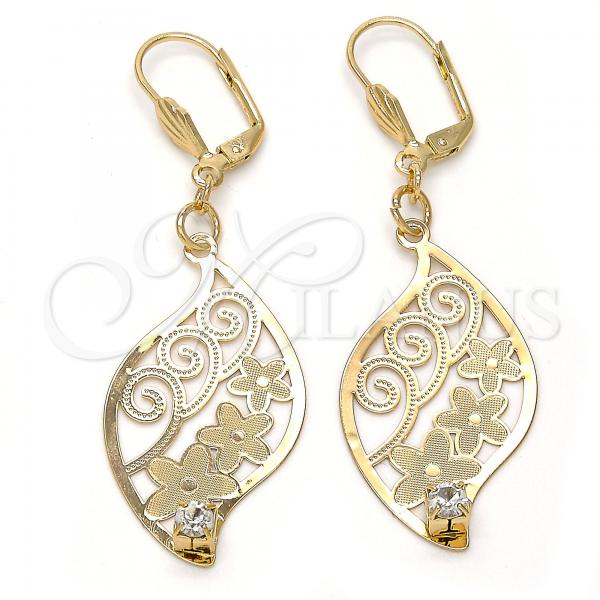 Oro Laminado Dangle Earring, Gold Filled Style Leaf and Flower Design, with White Crystal, Diamond Cutting Finish, Golden Finish, 64.014