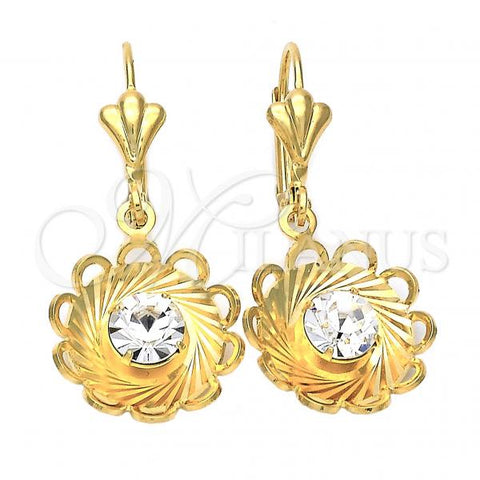 Oro Laminado Dangle Earring, Gold Filled Style Flower Design, with White Cubic Zirconia, Diamond Cutting Finish, Golden Finish, 02.32.0275