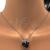 Rhodium Plated Pendant Necklace, Heart and Bow Design, with Amethyst Swarovski Crystals and White Micro Pave, Polished, Rhodium Finish, 04.239.0007.1.16