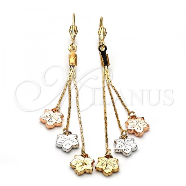 Oro Laminado Long Earring, Gold Filled Style Leaf Design, Diamond Cutting Finish, Tricolor, 5.076.013