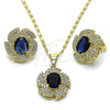 Oro Laminado Earring and Pendant Adult Set, Gold Filled Style Cluster and Flower Design, with Sapphire Blue and White Cubic Zirconia, Polished, Golden Finish, 10.284.0044.3