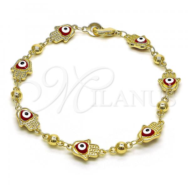 Oro Laminado Fancy Bracelet, Gold Filled Style Hand of God and Heart Design, Red Enamel Finish, Golden Finish, 03.213.0146.1.08