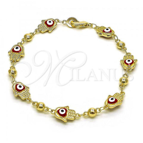 Oro Laminado Fancy Bracelet, Gold Filled Style Hand of God and Heart Design, Red Enamel Finish, Golden Finish, 03.213.0146.1.08