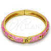 Oro Laminado Individual Bangle, Gold Filled Style Elephant and Flower Design, Pink Enamel Finish, Golden Finish, 07.246.0010.5.04 (08 MM Thickness, Size 5 - 2.50 Diameter)