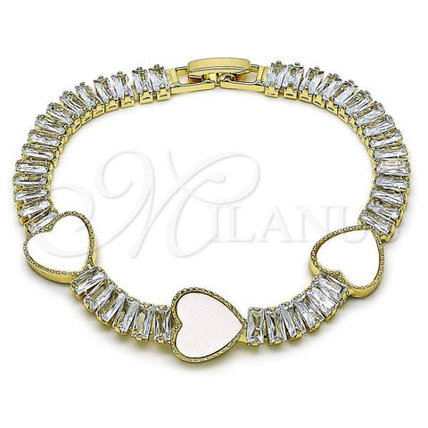 Oro Laminado Fancy Bracelet, Gold Filled Style Heart and Baguette Design, with Ivory Mother of Pearl and White Cubic Zirconia, Polished, Golden Finish, 03.283.0423.3.07