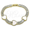 Oro Laminado Fancy Bracelet, Gold Filled Style Heart and Baguette Design, with Ivory Mother of Pearl and White Cubic Zirconia, Polished, Golden Finish, 03.283.0423.3.07