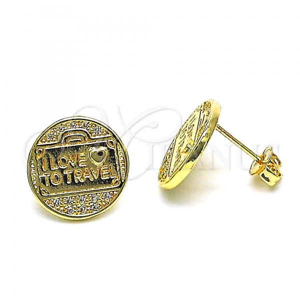 Oro Laminado Stud Earring, Gold Filled Style Heart and Love Design, with White Micro Pave, Polished, Golden Finish, 02.193.0013