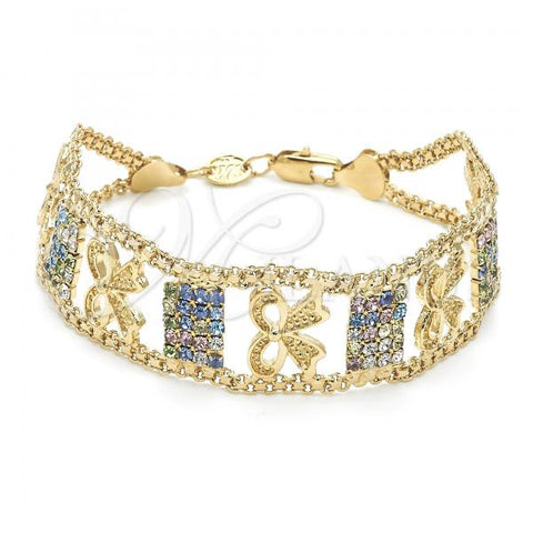 Oro Laminado Fancy Bracelet, Gold Filled Style Bow Design, with Multicolor Cubic Zirconia, Polished, Golden Finish, 29.006