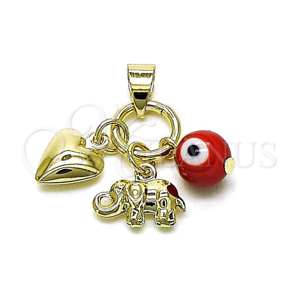 Oro Laminado Religious Pendant, Gold Filled Style Evil Eye and Heart Design, with Garnet Crystal, Polished, Golden Finish, 05.213.0173