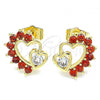 Oro Laminado Stud Earring, Gold Filled Style Heart Design, with Garnet and White Cubic Zirconia, Polished, Golden Finish, 02.210.0441.1