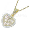 Oro Laminado Pendant Necklace, Gold Filled Style Heart and Love Design, Polished, Tricolor, 04.351.0017.1.20