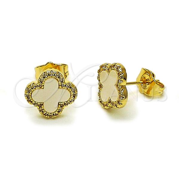 Oro Laminado Stud Earring, Gold Filled Style Four-leaf Clover Design, with Ivory Mother of Pearl and White Micro Pave, Polished, Golden Finish, 02.283.0245