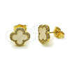 Oro Laminado Stud Earring, Gold Filled Style Four-leaf Clover Design, with Ivory Mother of Pearl and White Micro Pave, Polished, Golden Finish, 02.283.0245