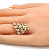 Oro Laminado Multi Stone Ring, Gold Filled Style Leaf Design, with White Cubic Zirconia, Polished, Golden Finish, 01.210.0008.07 (Size 7)