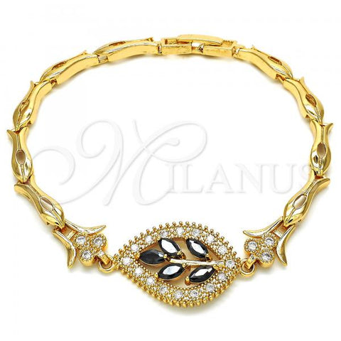 Oro Laminado Fancy Bracelet, Gold Filled Style Leaf and Fish Design, with Black and White Cubic Zirconia, Polished, Golden Finish, 03.210.0095.08