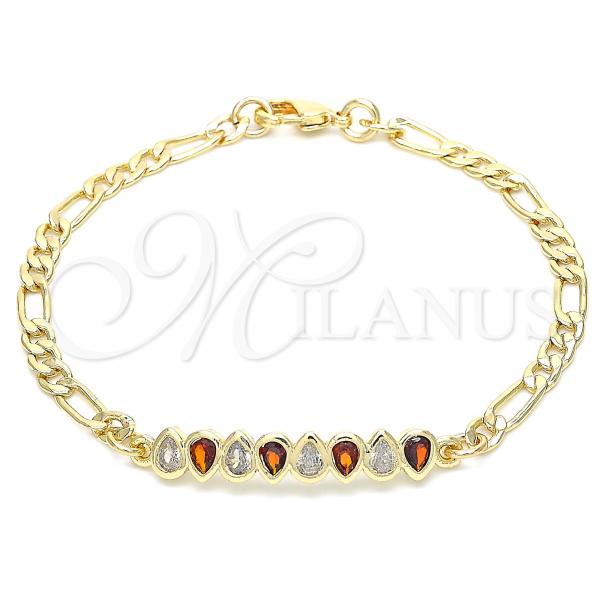 Oro Laminado Fancy Bracelet, Gold Filled Style Teardrop Design, with Garnet and White Cubic Zirconia, Polished, Golden Finish, 03.63.2152.07