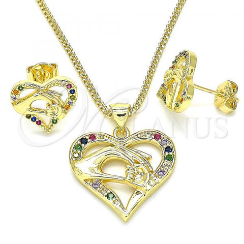 Oro Laminado Earring and Pendant Adult Set, Gold Filled Style Heart and Hand Design, with Multicolor Micro Pave, Polished, Golden Finish, 10.156.0275.3