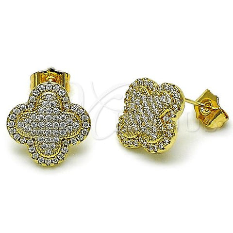 Oro Laminado Stud Earring, Gold Filled Style Four-leaf Clover Design, with White Micro Pave, Polished, Golden Finish, 02.283.0184