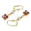 Oro Laminado Long Earring, Gold Filled Style Flower Design, with Garnet and White Cubic Zirconia, Polished, Golden Finish, 02.213.0345