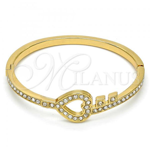 Gold Tone Individual Bangle, Heart and key Design, with White Crystal, Polished, Golden Finish, 07.252.0022.04.GT (04 MM Thickness, One size fits all)