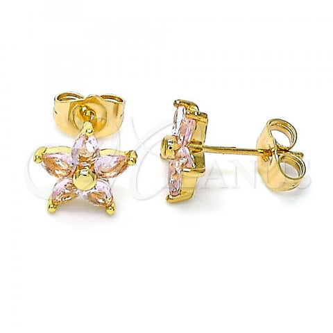 Oro Laminado Stud Earring, Gold Filled Style Flower Design, with Pink Cubic Zirconia, Polished, Golden Finish, 02.310.0024.1